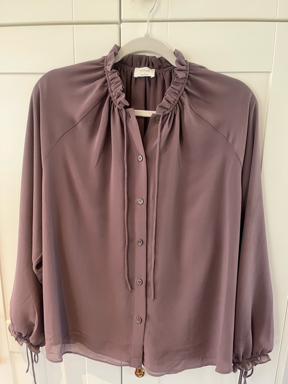 Aritzia Willfred Lavender Ruffle-Neck Button Front Blouse